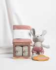 Cute baby girl gift with nana huchy agatha soft bunny, pink hand towel and Al.ive little traveller pack. All presented in our luxury soft touch gift box