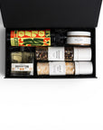 cooking enthusiast themed gift basket. Local olive oil, meat rub, gourmet pepper, garllic salt by Tasteology and local Adelaide Prohibition Gin. We deliver Australia Wide