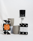 lovely gift box with ceramic cups, koko black chocolate, ecosoy candle and Ecovask patterned cloth