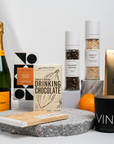 curated corporate gourmet hampers ecosoy candle, drinking chocolate, veuve champagne, koko black chocolate, garlic salt and gourmet pepper