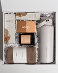 gifts for ladies for all occasions. Wellness gift with water bottle by sage and cooper, ecovask hand towel, commonfolk soap, and Alive products