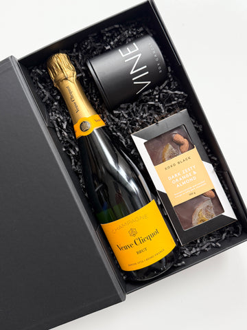 Premium all occasion veuve champagne and chocolate gift box.  comes with a beautiful koko black dark orange and almond luxury wrapped