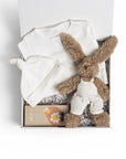 Best newborn baby gift bundle delivered to their door Australia Wide.  White bodysuit, alive baby products and fluffy bunny.  