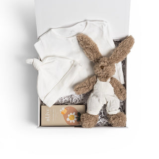 Best newborn baby gift bundle delivered to their door Australia Wide.  White bodysuit, alive baby products and fluffy bunny.  