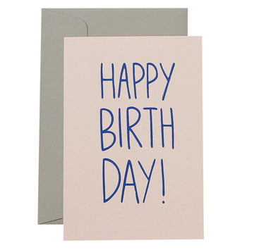 blue happy birthday on blush greeting card