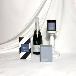 Pol Roger champagne all occasion celebration gift.  Beautiful blue toned gift box containing an Ecosoy candle and koko black chocolate.