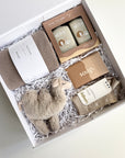 unisex newborn baby gift with fluffy camel rattle, soap, Alive traveller pack, ecovask hand towel and quality merino wool baby socks